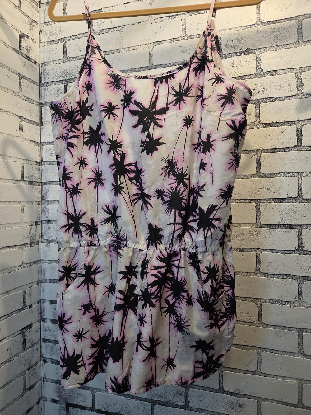 Sleeveless Pink Palm-Print Romper with Elastic Waist